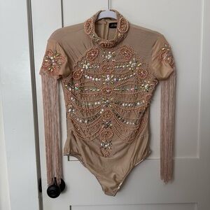 Beige Beaded Bodysuit with Fringe